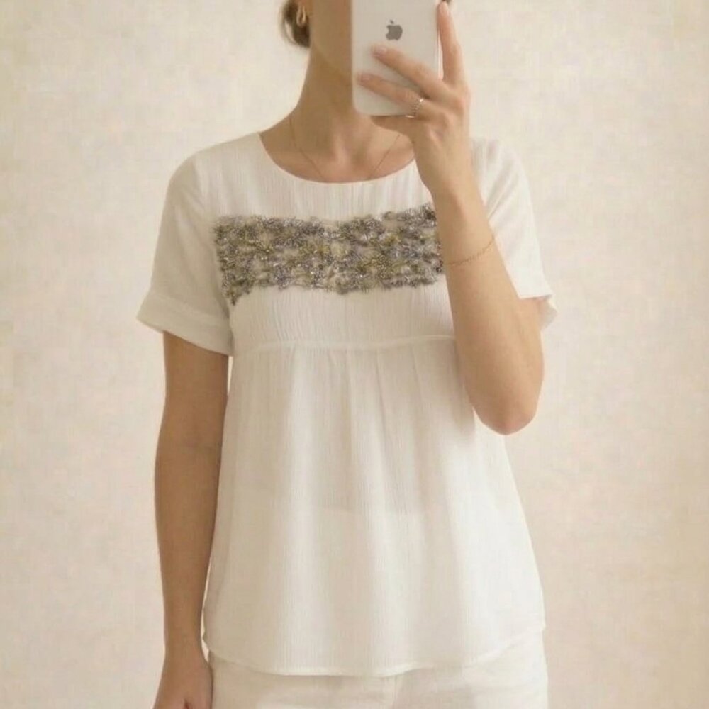 NWT Alice Olivia Ruched Beaded Babydoll Silk Chiffon Short Sleeve Blouse Top S 6